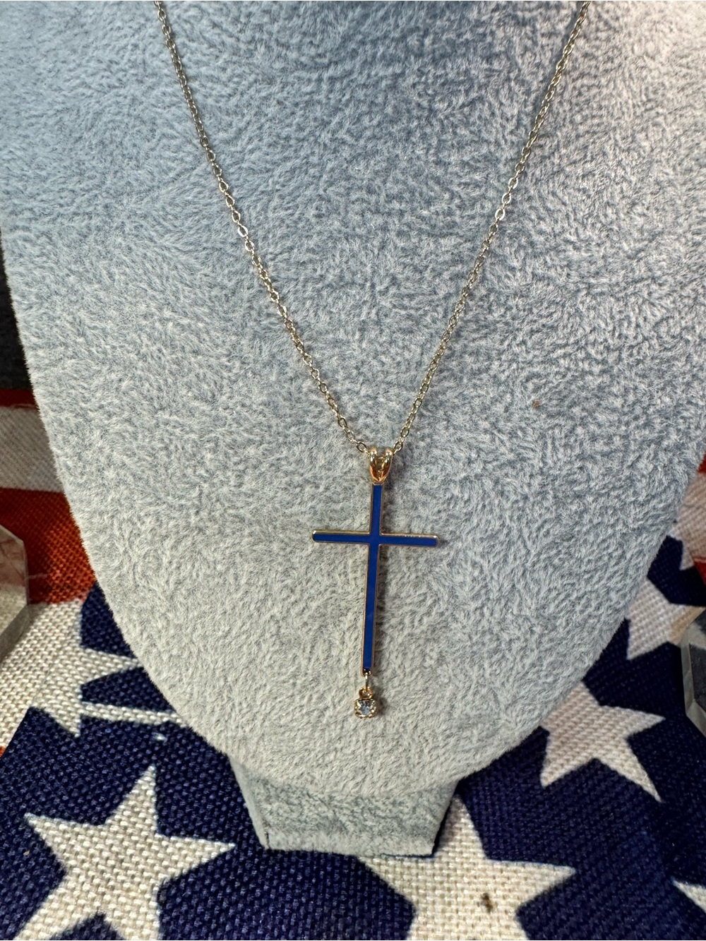 Blue Enamel Cross Pendant Necklace with Silver Chain